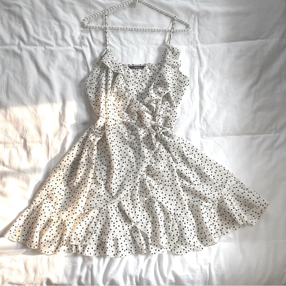 Black and Cream Heart Print Wrap Dress